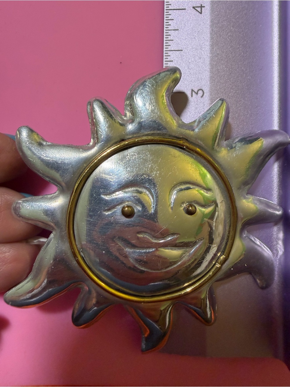 Vintage Large Sun Face Brooch Pendant Silver Gold Tone Celestial Statement Pin